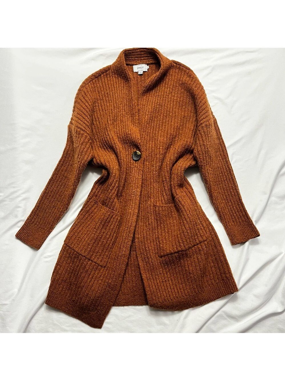 ONLY Longline Cardigan Sweater Coat Ribbed Knit Rust Brown Button M
